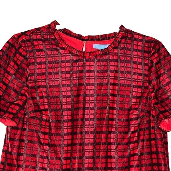 Draper James Red Plaid Velvet Ruffle Neck Top | Size S - Picture 3 of 7